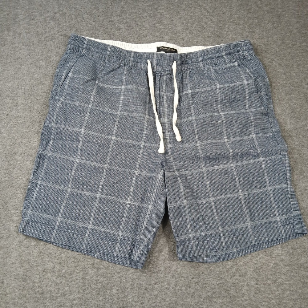 Banana Republic Mens Deck Shorts Navy Windowpane Plaid Cotton Drawstring Large